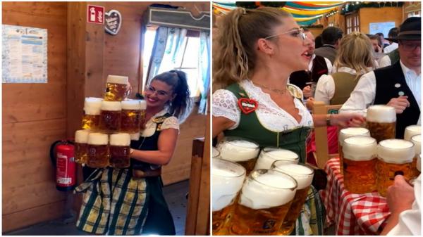 O chelneriţă a ajuns virală după un video în care ridică 13 halbe de bere deodată. Tânăra poate ţine în mâini peste 30 de kilograme