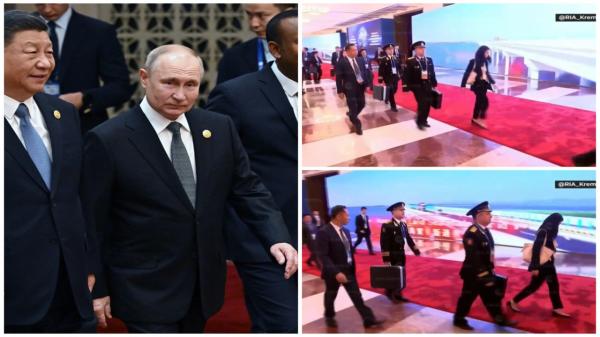 Imagini rare cu Vladimir Putin însoţit de ofiţeri cu servieta nucleară, în China. A ieşit zâmbind de la negocierile cu Xi
