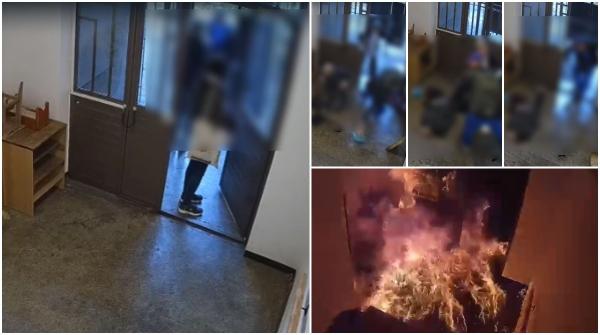 Momentul şocant când femeia din Bucureşti este incendiată de nepotul său în scara de bloc. Înainte, fusese lovită cu bestialitate cu piciorul în faţă