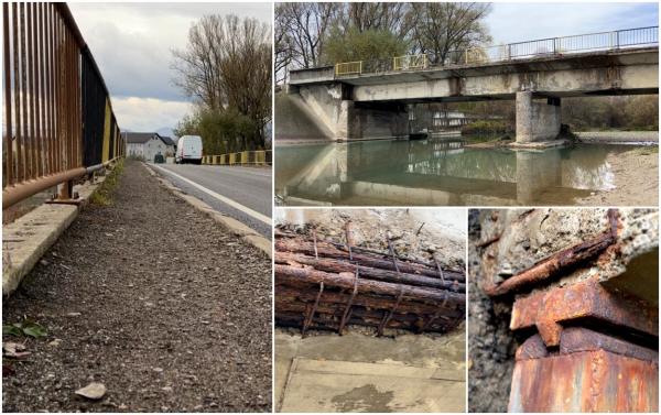 Pod peste râul Suceava, la un pas să se prăbușească. Se vede armătura, cad bucăți din fierul beton, iar grinzile sunt pline de infiltraţii