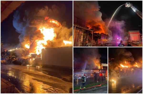 Incendiu de proporții la un magazin și o hală din Deva. Pompierii şi-au chemat în ajutor colegii din alte judeţe