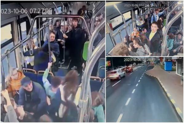 Momentul când pasagerii unui autobuz din Suceava sunt zdruncinaţi şi cad de pe scaune, din cauza unei şicanări în trafic