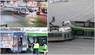 ANIMAŢIE. Momentul în care cele două tramvaie din Capitală se ciocnesc violent. Vatmanul tramvaiului 5 ar fi uitat să schimbe macazul