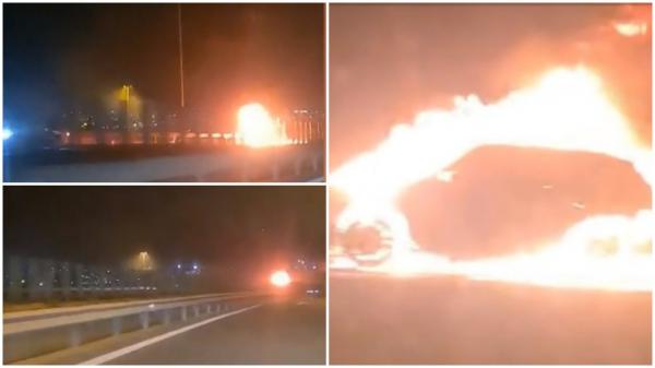 "Mamă! Cum arde!" Maşină electrică distrusă complet într-un incendiu pe A4. Şoferul a reuşit să se salveze înainte ca flăcările să ajungă la el