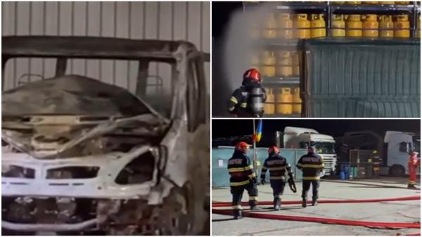 Pericol uriaş de explozie în Baia Mare. Două camionete, cuprinse de flăcări în curtea unei firme unde se aflau zeci de butelii cu gaz