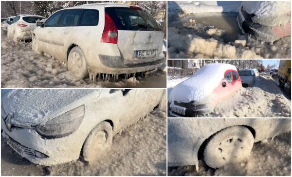 Mașini îmbrăcate în gheață la Iași, după ce o conductă s-a spart din cauza gerului. ANM anunță frig extrem în toată țara, până joi dimineață
