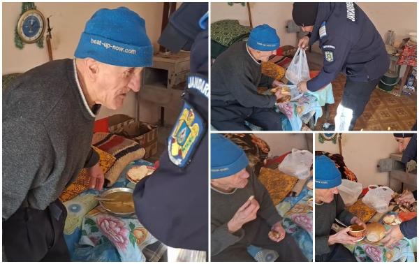 "Văleu, ce-mi place mie!" Reacția lui nea Vasile, un bătrânel de 80 de ani din Bacău, când primește gogoși calde. A fost găsit în casă flămând și înghețat