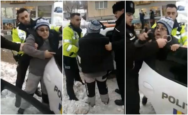 Bărbat din Roman, încătușat și amendat de polițiștii locali după ce a aruncat zăpada de pe trotuar pe stradă