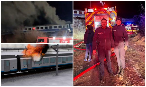 ANIMAŢIE. Un tren în care se aflau 33 de călători a luat foc la Beclean. Doi poliţişti au intrat în flăcări şi i-au salvat
