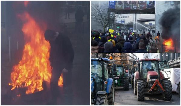 Haos la Bruxelles. Fermierii protestatari au provocat incendii în faţa sediului Parlamentului European. Capitala, blocată de aproape 1.000 de tractoare