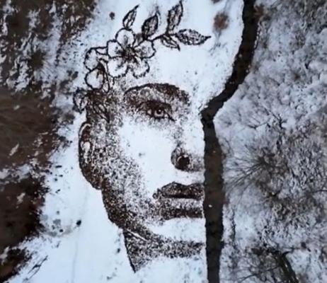 Artă pe omăt: Un tânăr din Hunedoara, creaţie spectaculoasă cu frunze uscate pe zăpadă
