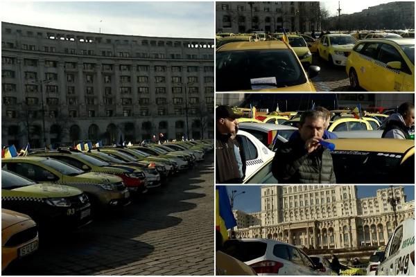 Sute de taximetrişti protestează în Piaţa Constituţiei din Capitală. Cer schimbarea legislaţiei şi drepturi egale cu companiile de ridesharing