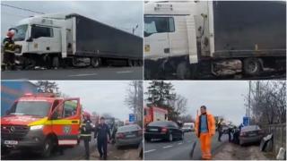 Impact violent pe E85, în Buzău. Un șofer grec a pătruns cu mașina pe contrasens și s-a înfipt într-un TIR. Trei persoane au fost rănite