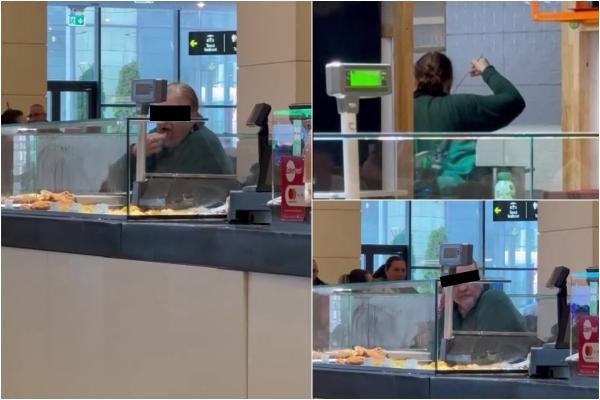 Angajata unui fast-food din Cluj-Napoca, filmată în timp ce înfulecă din preparate cu mâinile goale şi cu polonicul, apoi îl pune înapoi
