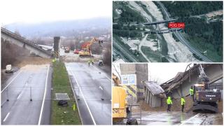 Demolare spectaculoasă la Câmpina: Bucată de 300 de tone dintr-un pod, pusă la pământ în câteva secunde