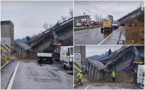 A început demolarea podului peste DN1, de la Câmpina. Trafic blocat total