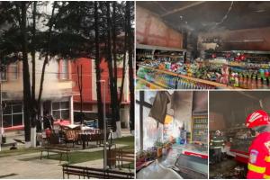 Magazin alimentar în flăcări, în centrul orașului Cavnic. O ladă frigorifică ar fi declanşat dezastrul
