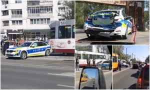 Tramvai vs. BMW-ul poliţiei, pe un bulevard din Galaţi. Vatmaniţa ar fi fost cu ochii în telefon în momentul impactului