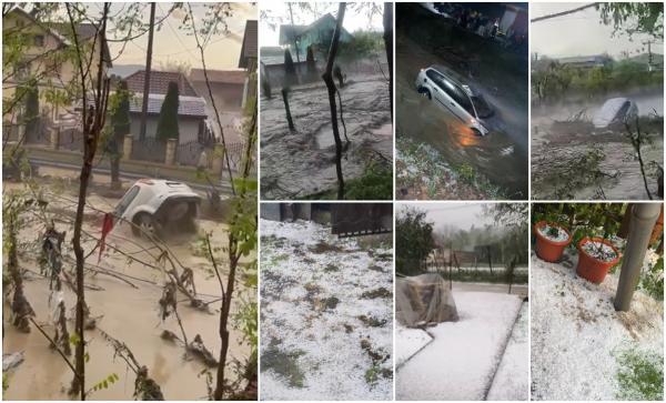 "N-am văzut de când sunt așa ceva!" Potop cu grindină în Prahova. Mașini înghițite de ape și strat de gheață chiar și de 10 centimetri, la Vâlcănești