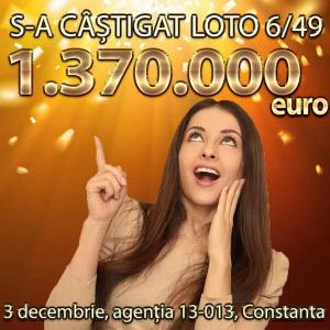 Marele Premiu de peste 1,3 milioane de Euro, de la loto 6 din 49, a fost câștigat în Constanța