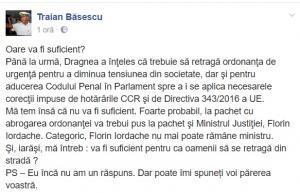 Traian Băsescu iese la atac, după ce Grindeanu a anunţat că va abroga Ordonanţa 13