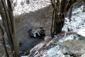 O maşină a plonjat 15 metri de pe şosea şi a ajuns cu roţile în sus în Jiu! Doi oameni au murit