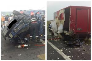 Impact devastator în Sibiu! Două camionete s-au izbit violent pe autostrada Sibiu - Orăştie. O persoană a murit, două incarcerate și trei rănite