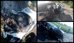 Accident teribil la Săcămaş, în Hunedoara, din vina unui şofer de 19 ani. O maşină a ars, doi copii printre victime. Imagini îngrozitoare