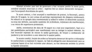 Guvernul ar fi trimis o scrisoare preşedintelui CE în care explică intervenţia jandarmilor la protestul din 10 august