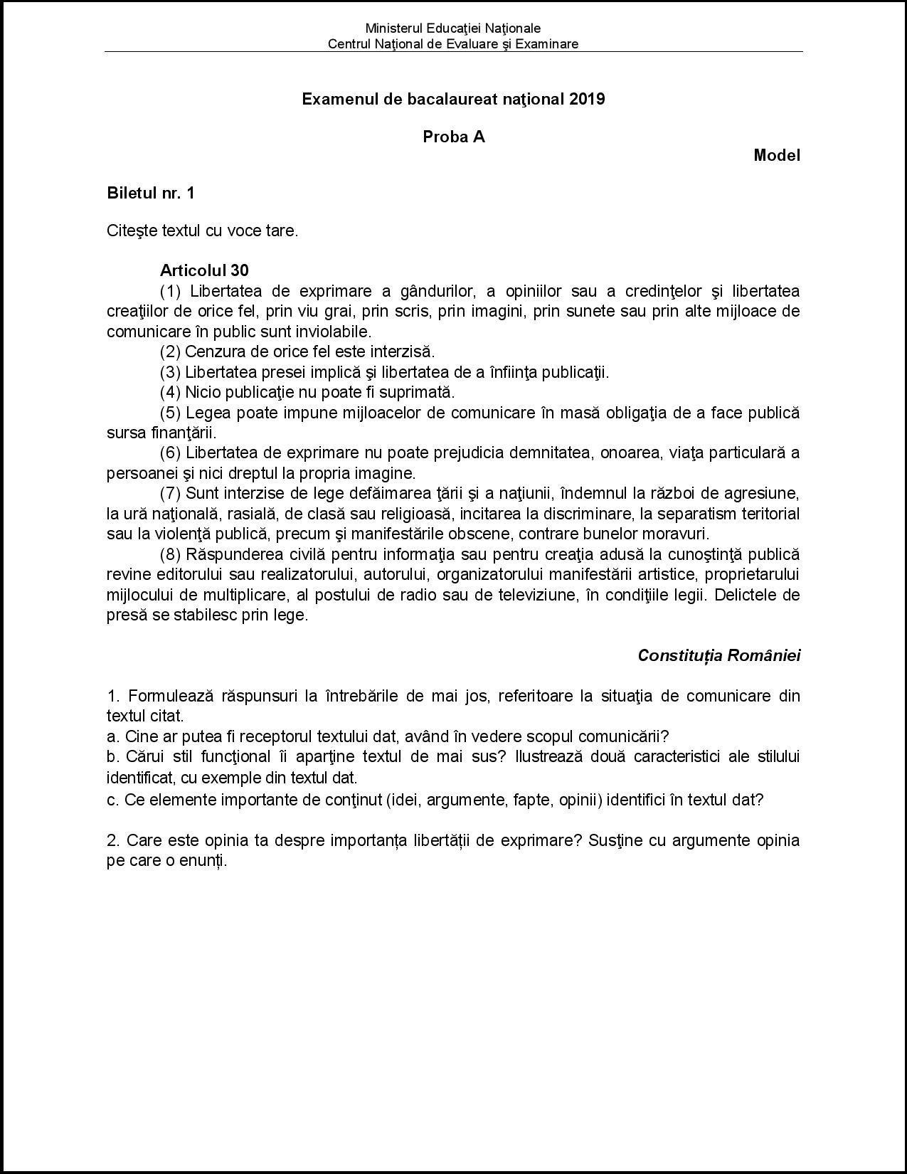 Subiecte rom n bac 2019 proba oral model pentru proba de competen e