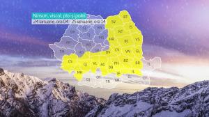 Vremea 24 ianuarie. Cod galben de ploi şi ninsori în 24 de judeţe şi Bucureşti
