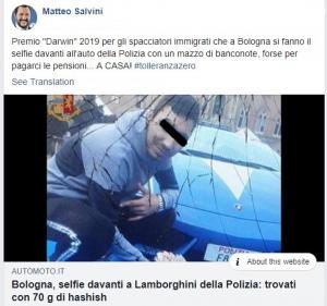 Salvini, despre românul care s-a pozat cu un Lamborghini al poliției italiene: ”Premiul Darwin 2019”