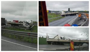 Un şofer de camion a blocat toată autostrada Arad- Timişoara, intrând cu viteză în curbă