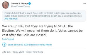 Donald Trump îi acuză pe democrați că vor să fure alegerile. Mesajul, cenzurat de Twitter