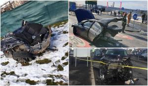 Noi imagini cu BMW-ul rupt în două la Corbeanca. Două şoferiţe au provocat un impact cumplit