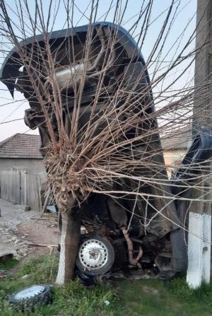 Un șofer a reușit să se suie cu mașina într-un copac, în Olt