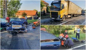 Un mort și doi răniți, mașina în care erau s-a făcut praf într-un TIR, la Coșevița, în Timiș