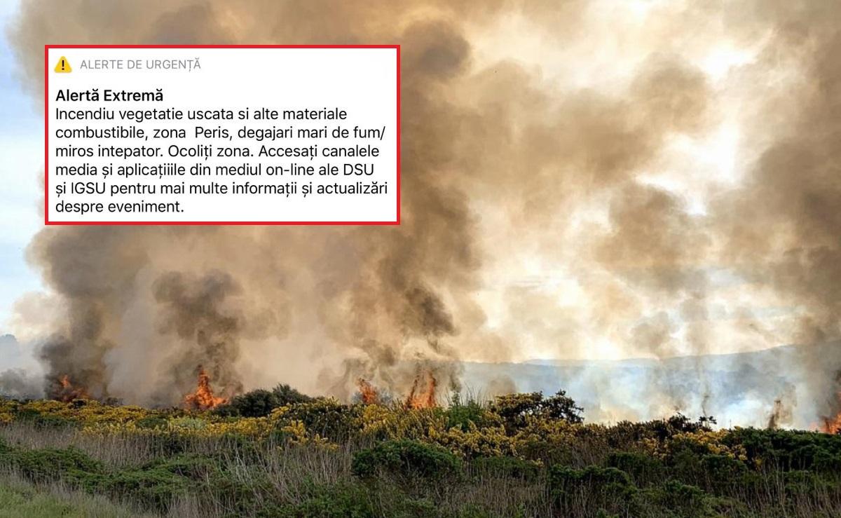 Mesaj Ro-Alert, incendiu la Periș. Ard 10 hectare de teren la batalurile fostei ferme de porci