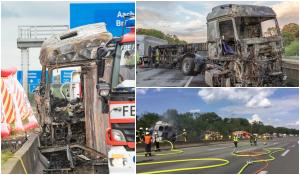 Imagini cumplite în Germania, unde un șofer român a ars de viu în cabina TIR-ului răsturnat pe șosea