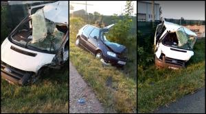 Mașină tăiată în două după impactul cu un microbuz, la Pielești. Nouă oameni au ajuns la spital