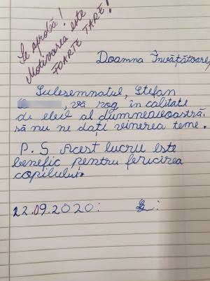 Un elev din Pitești, preocupat de fericirea lui și a colegilor, i-a transmis învățătoarei o solicitare specială
