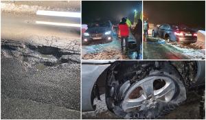 Zeci de maşini distruse în câteva ore, pe un drum "calamitat" din Timiş. Şoferii s-au ales cu jante îndoite şi cauciucuri tăiate