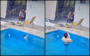 Moment dramatic surprins de camerele de supraveghere: Un copilaş salvat în ultima clipă de tată, după ce a căzut în piscină, în Brazilia