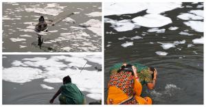 Un râu sacru din India a fost acoperit de spumă toxică. Localnicii îşi riscă sănătatea şi se scaldă pentru a respecta ritualurile