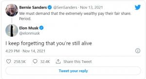 Elon Musk, replică acidă la mesajul lui Bernie Sanders privind taxarea bogaților: ”Tot uit că ești încă în viață”