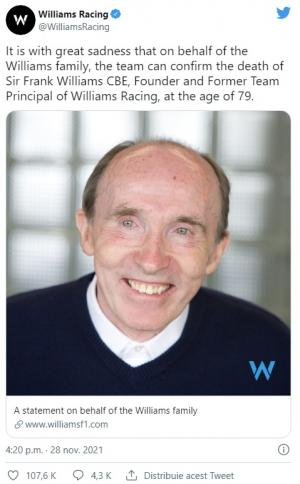 Cine a fost Sir Frank Williams, legendarul fondator al Williams Racing care a murit la 79 de ani