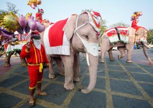Petrecere cu elefanţi îmbrăcaţi în Moş Crăciun şi cu mască pe faţă într-o şcoală din Thailanda