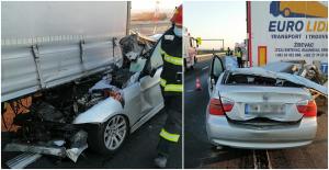 Șofer mort după un impact devastator. A intrat cu BMW-ul sub TIR, pe un drum din Timiș
