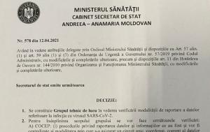 Document publicat pe Facebook de Liviu Iolu, referitor la înfiinţarea unui grup de lucru în 12 aprilie, pentru verificarea deceselor Covid