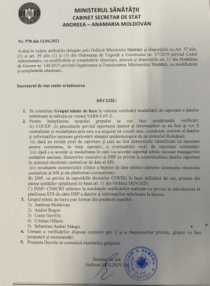 Document publicat pe Facebook de Liviu Iolu, referitor la înfiinţarea unui grup de lucru în 12 aprilie, pentru verificarea deceselor Covid
